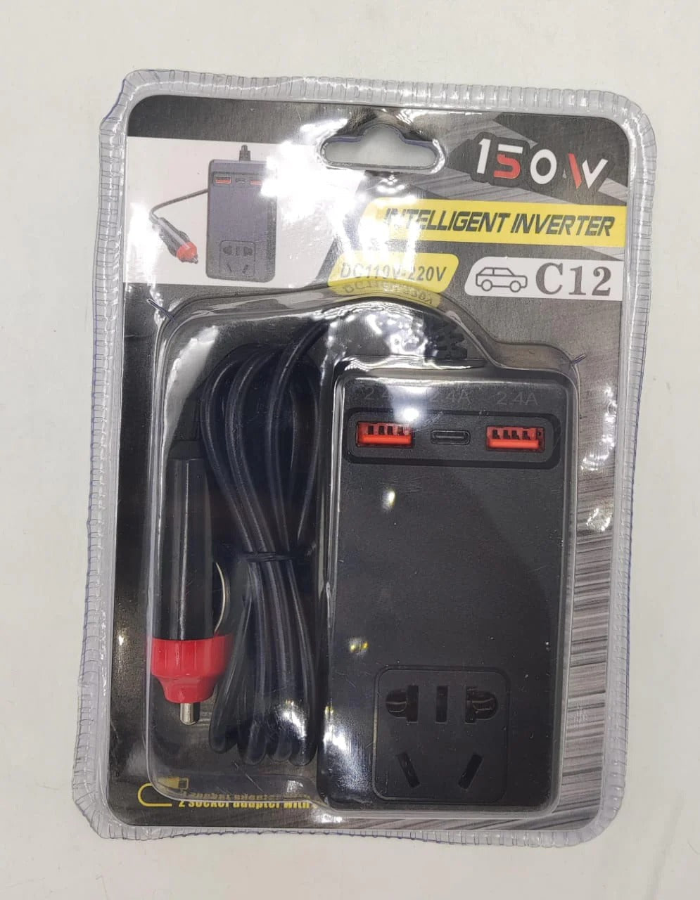 محول طاقة ذكي للسيارة C12 ⚡ | محول تيار متردد 150 واط مع منافذ USB-A و USB-C 🚗🔋