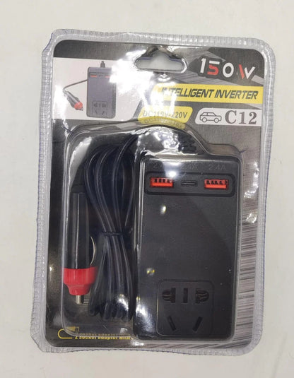 محول طاقة ذكي للسيارة C12 ⚡ | محول تيار متردد 150 واط مع منافذ USB-A و USB-C 🚗🔋